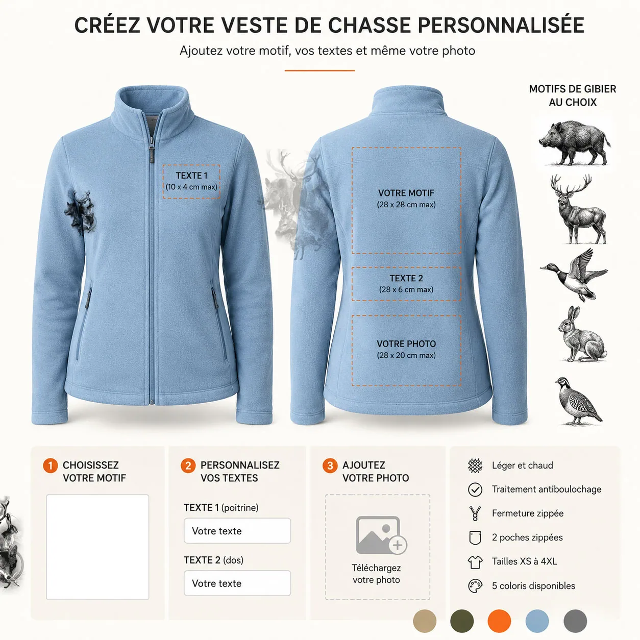 Veste polaire de chasse Vénerie personnalisée femme, ce qui se personnalise : photo, textes et motif
