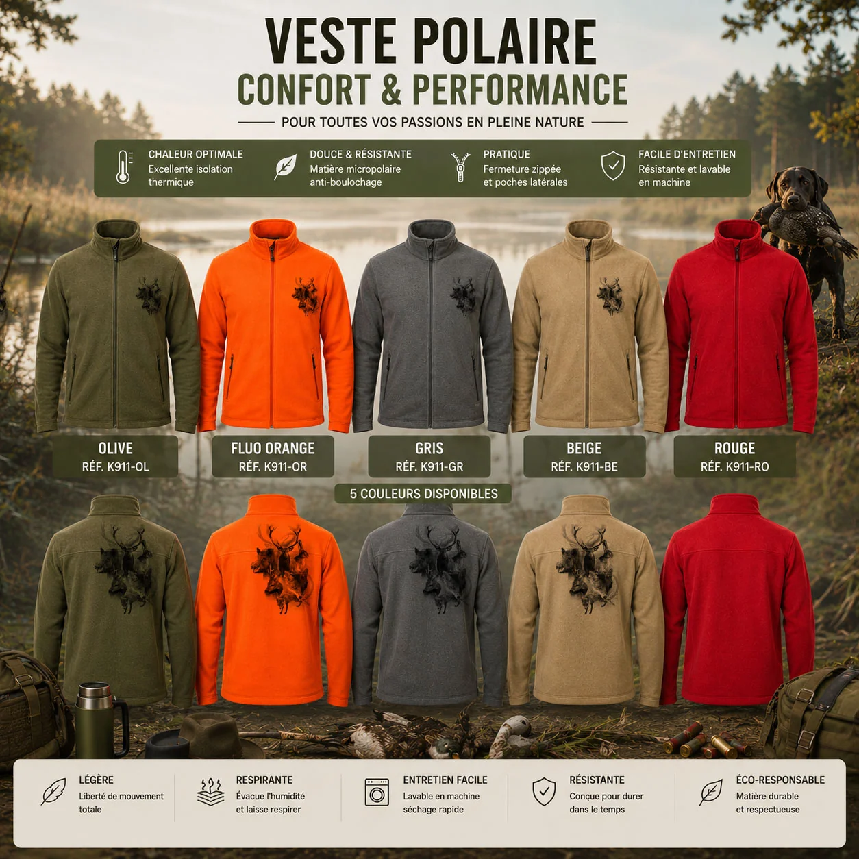 Veste polaire vénerie personnalisée, portée par un chasseur