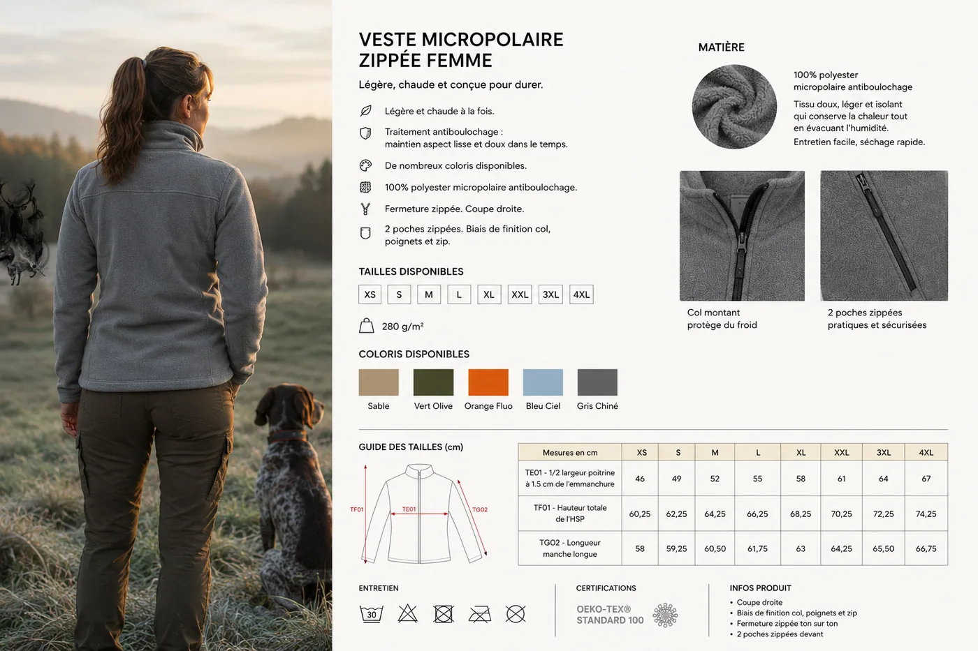 Fiche technique : veste polaire de chasse femme — matière, membrane et guide des tailles