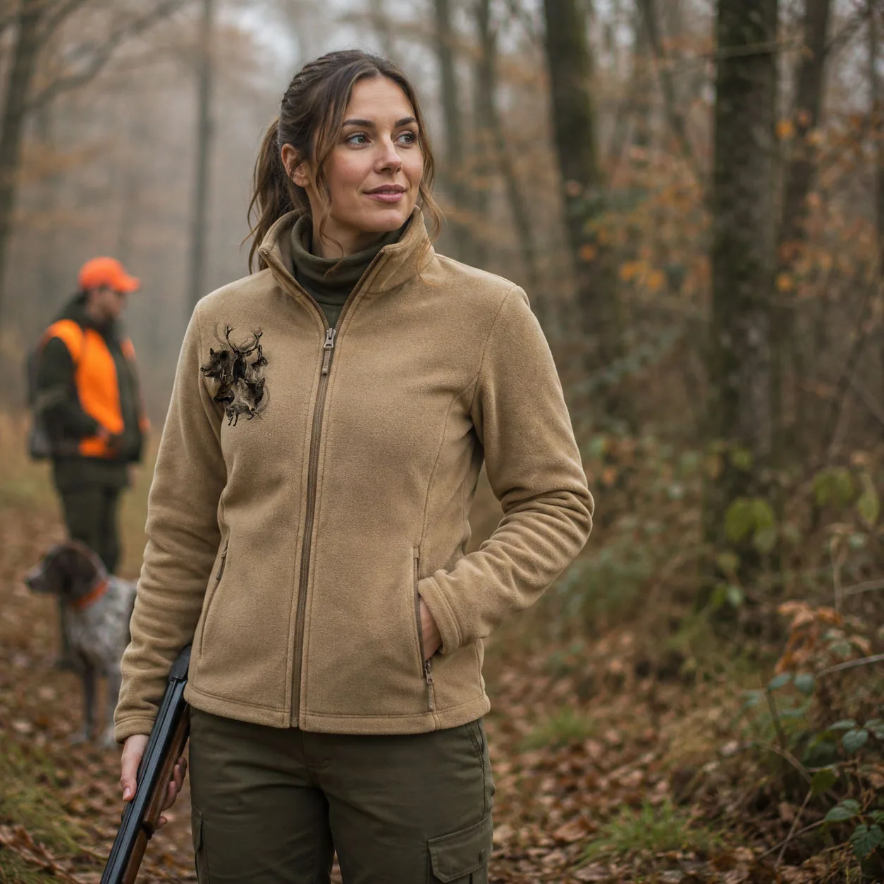 Veste polaire de chasse Vénerie personnalisée femme, motif vénerie et texte au choix