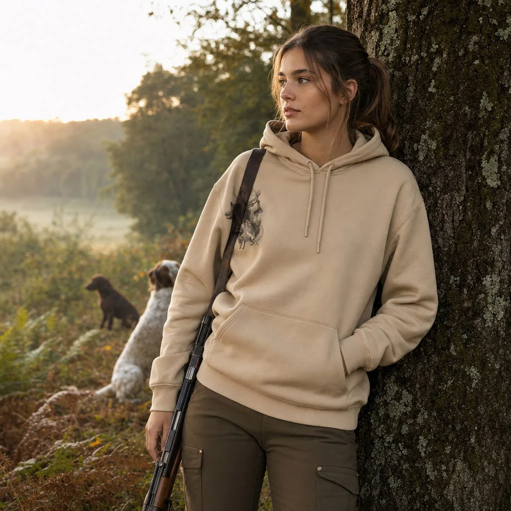 Sweat de chasse femme venerie personnalise, motif venerie + texte au choix