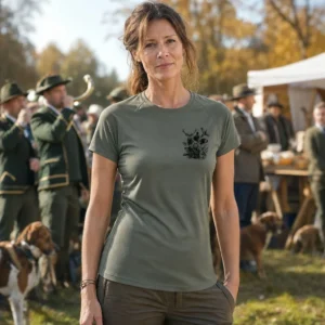 T-shirt de chasse Vénerie personnalisé — femme, kaki, toutes tailles