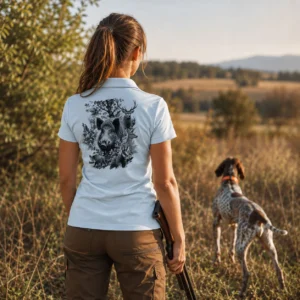 Polo de chasse Vénerie personnalisé femme, porté en action