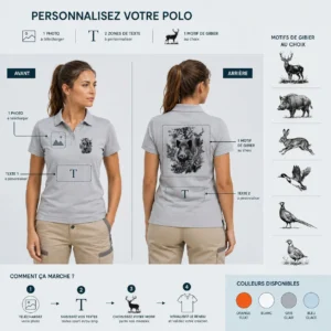 Polo de chasse Vénerie personnalisé femme, ce qui se personnalise : photo, deux textes et le motif vénerie
