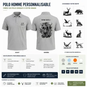 Polo de chasse Vénerie personnalisé homme, ce qui se personnalise : photo, deux textes et le motif vénerie