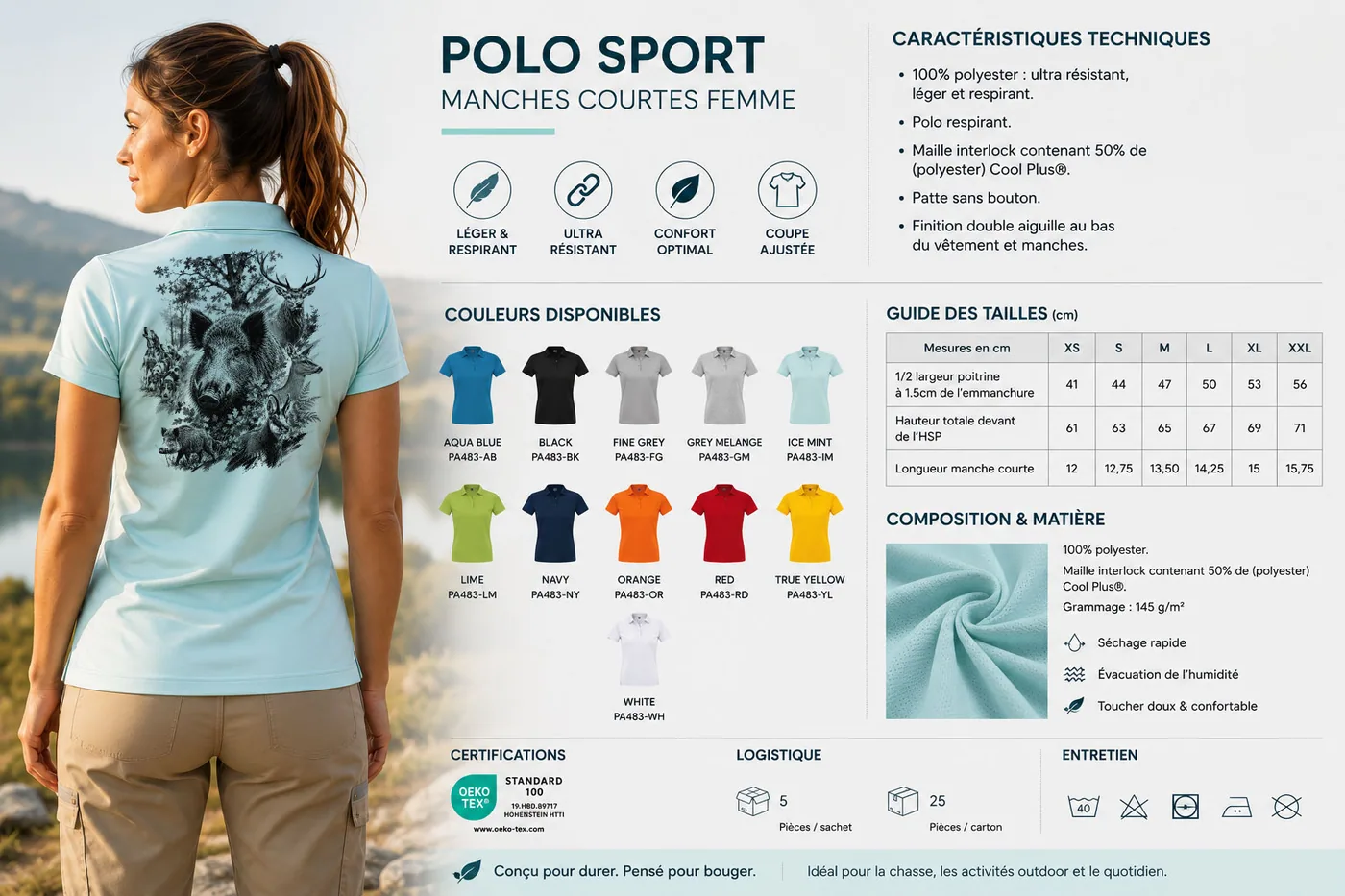 Fiche technique : polo de chasse femme — matière, membrane et guide des tailles