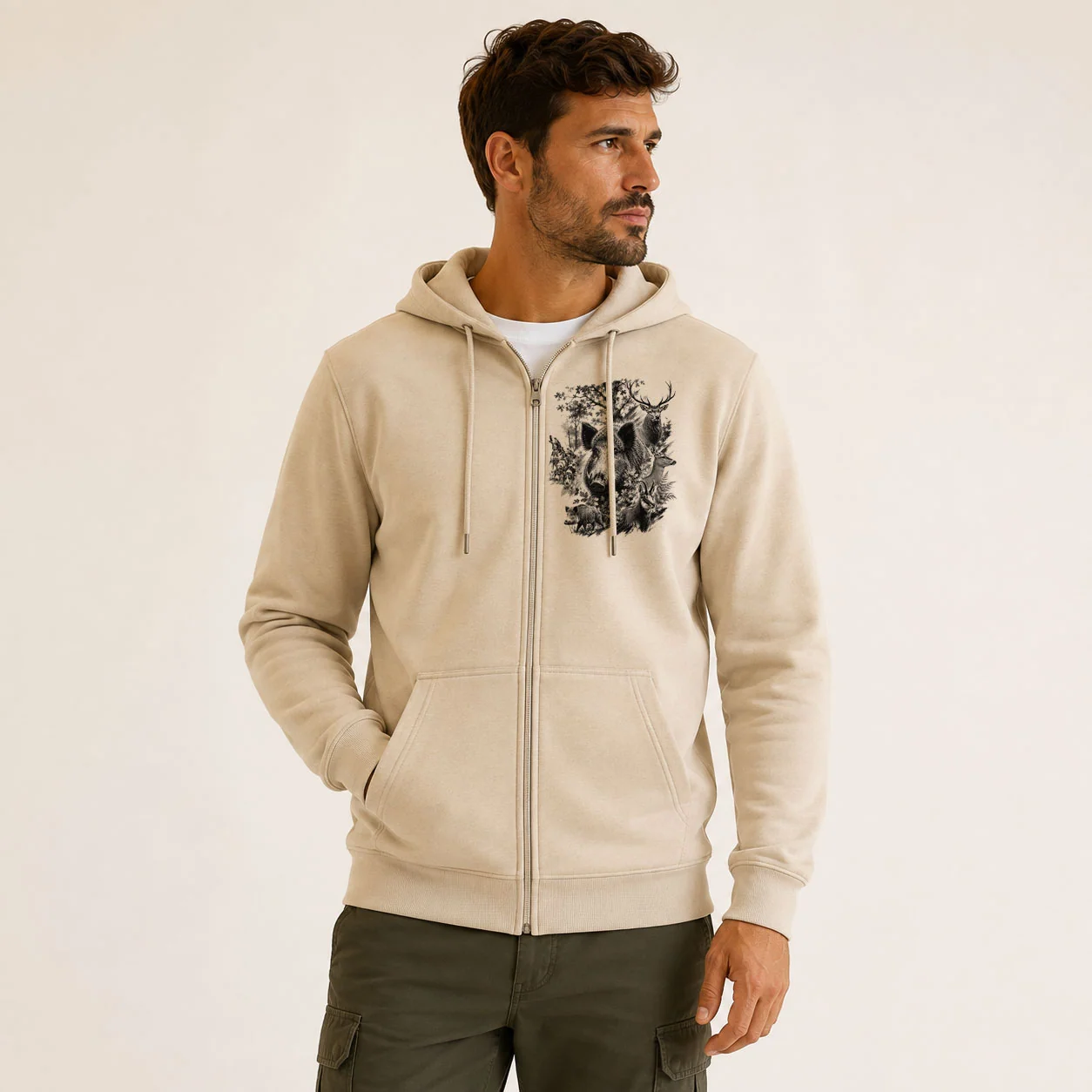 Sweat de chasse homme venerie personnalise, motif venerie + texte au choix