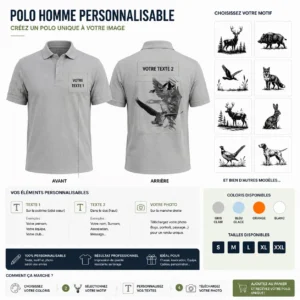 Polo de chasse Oie sauvage personnalisé homme, ce qui se personnalise : photo, deux textes et le motif oie sauvage