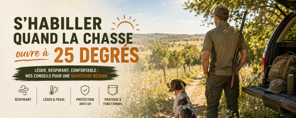 Chasseur en tenue légère de couleur kaki devant le hayon ouvert de son véhicule, son braque assis à ses pieds sur un chemin de campagne ensoleillé : s'habiller pour une ouverture de la chasse par temps chaud