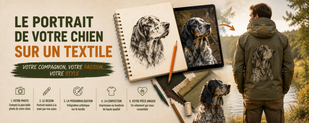 Portrait de setter anglais dessiné au crayon sur un carnet, la photo d'origine sur une tablette à côté, et le même portrait imprimé dans le dos d'une veste portée au bord de l'eau