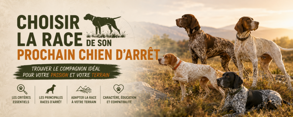 Quatre chiens d'arrêt réunis sur une crête au soleil couchant — braques et pointers à robe truitée, noir et blanc et marron — pour choisir la race adaptée à son terrain de chasse