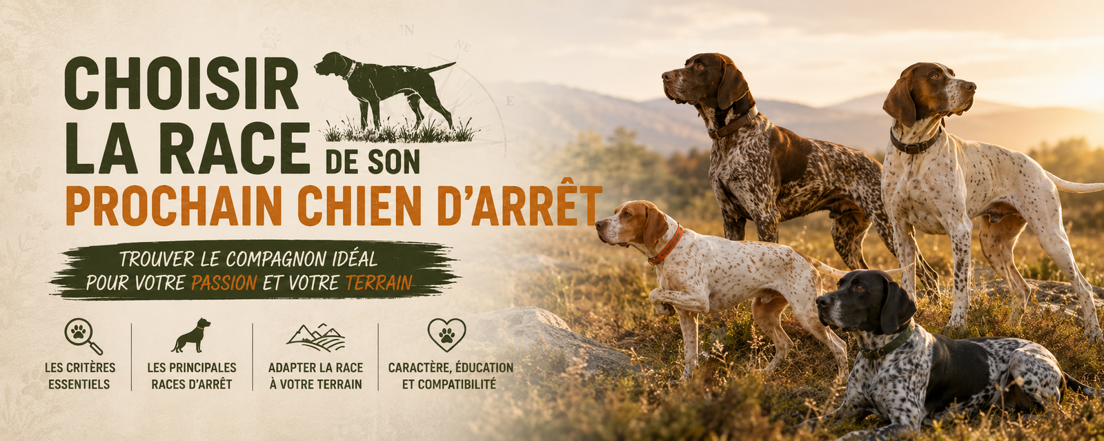Quatre chiens d'arrêt réunis sur une crête au soleil couchant — braques et pointers à robe truitée, noir et blanc et marron — pour choisir la race adaptée à son terrain de chasse