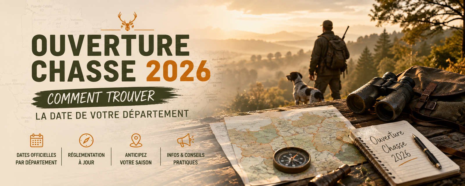 Chasseur et son braque devant une vallée au lever du jour, carte de France des départements, boussole et carnet de notes : trouver la date d'ouverture de la chasse 2026