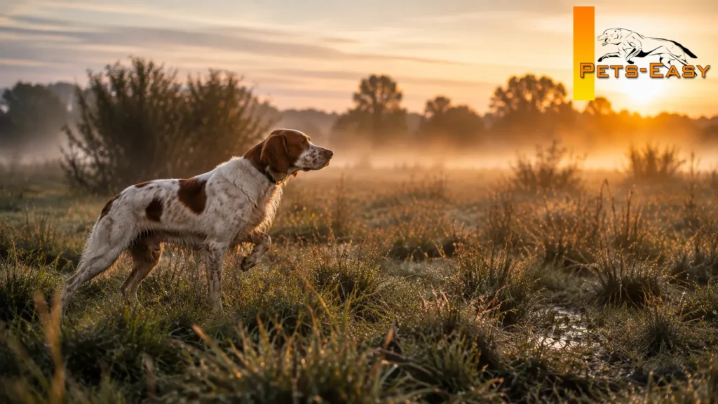 Chien de chasse a l'arret dans une prairie au petit matin