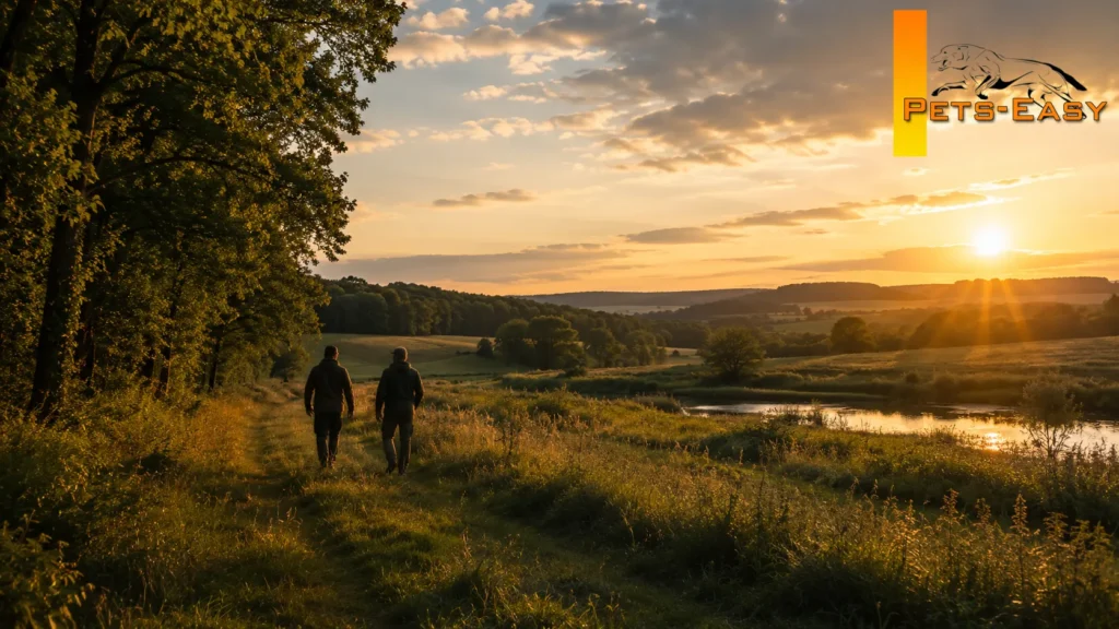 Paysage de campagne francaise en fin de journee, lisiere de bois et prairie