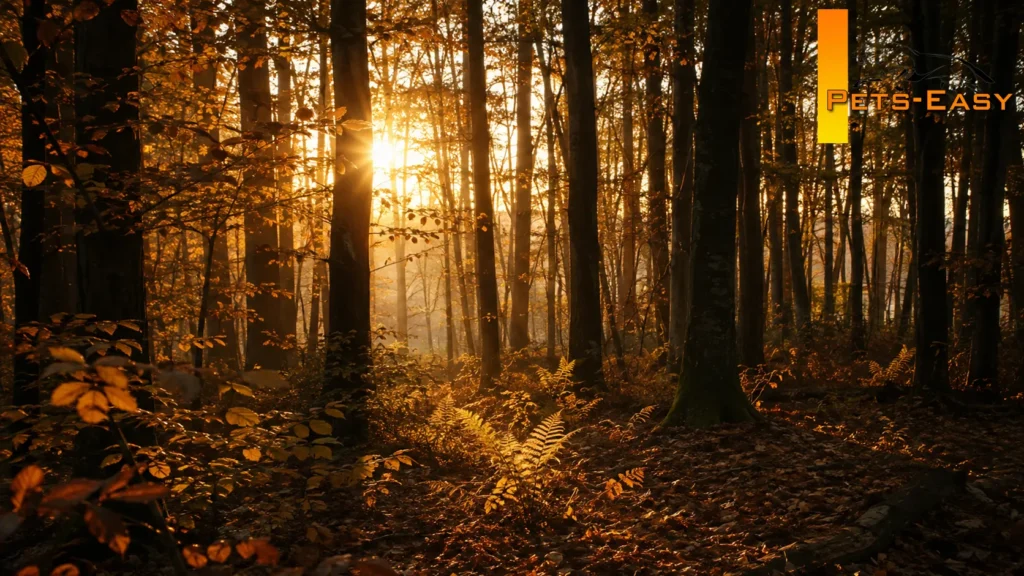Sous-bois d'automne en contre-jour, ambiance de chasse