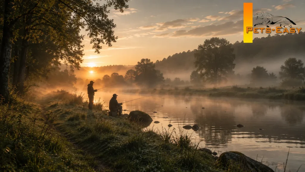 Berge d'etang au lever du jour, brume sur l'eau