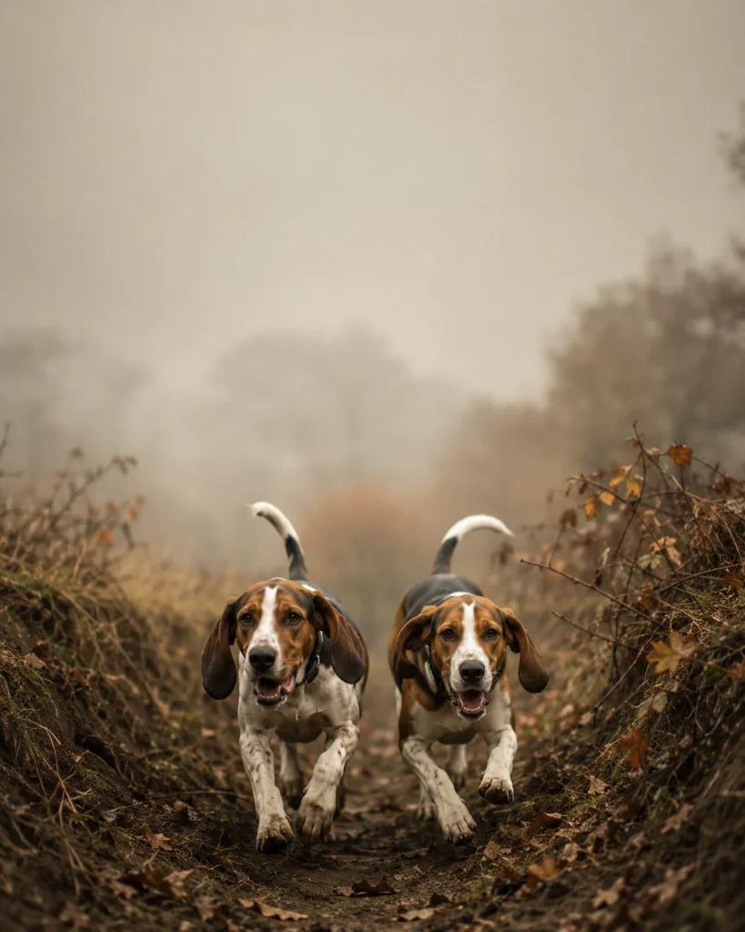 Deux chiens courants en pleine course dans un chemin creux