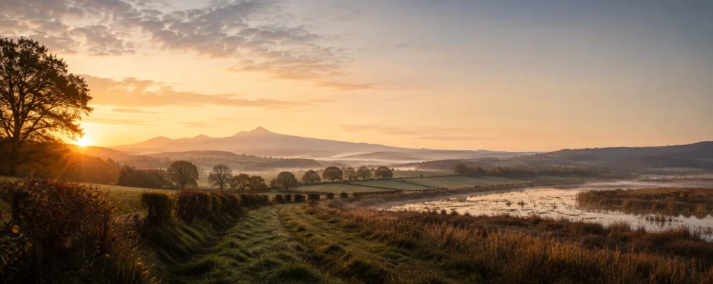 Un paysage français traversant bocage, plaine et marais au petit matin