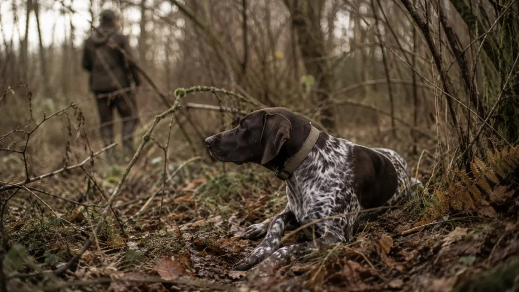 Un chien d’arrêt couché à l’arrêt dans un taillis humide de fin d’automne