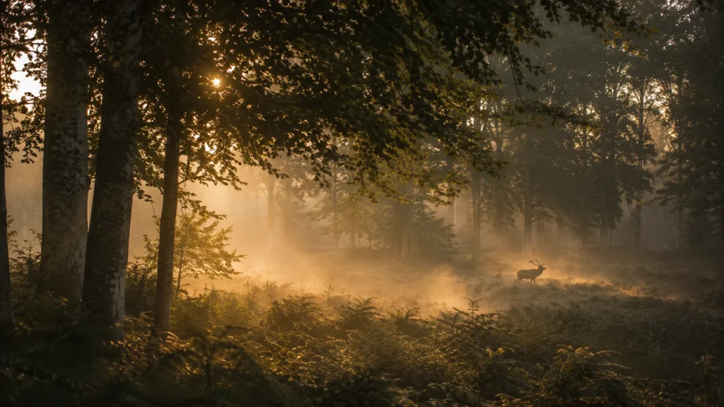 Une clairière forestière à l’aube en septembre, brume dorée entre les hêtres, un cerf au loin