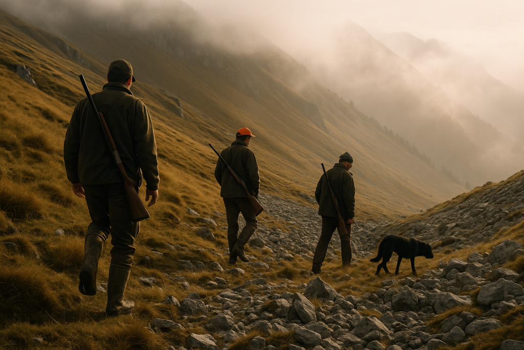 Pentes d'alpage et pierriers, brouillard d'altitude — chasse du chamois