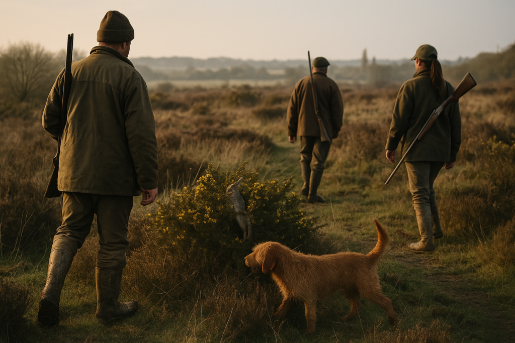 Basset roux à poil dur, landes bretonnes, lapin dans l'ajonc — chasse de un Basset fauve de Bretagne