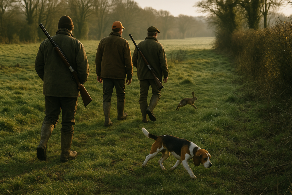 Petit chien courant tricolore, lièvre et lapin en bocage — chasse de un Beagle