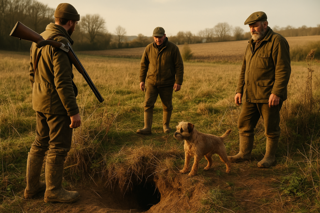 Petit terrier à poil dur, talus et terriers, régulation du renard — chasse de un Border terrier
