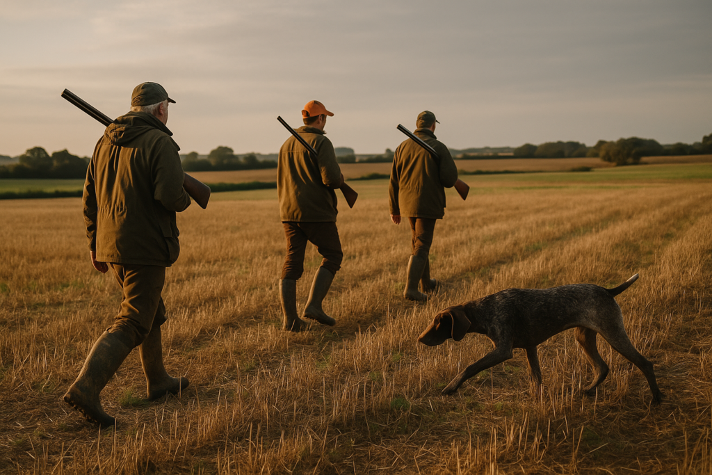 Chien d'arrêt à robe truitée, plaine de chaume, quête large — chasse de un Braque allemand