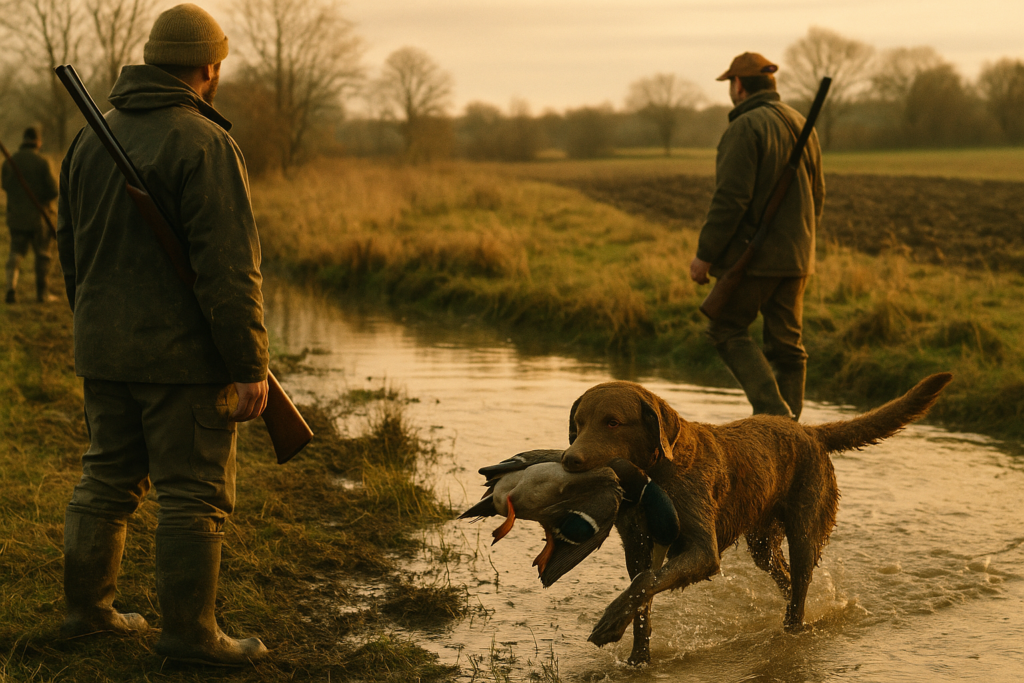 Retriever brun huilé, eau froide, rapport de canards — chasse de un Chesapeake Bay retriever