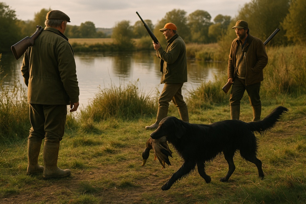 Retriever noir à poil plat, bord d'étang, rapport — chasse de un Flat coated retriever