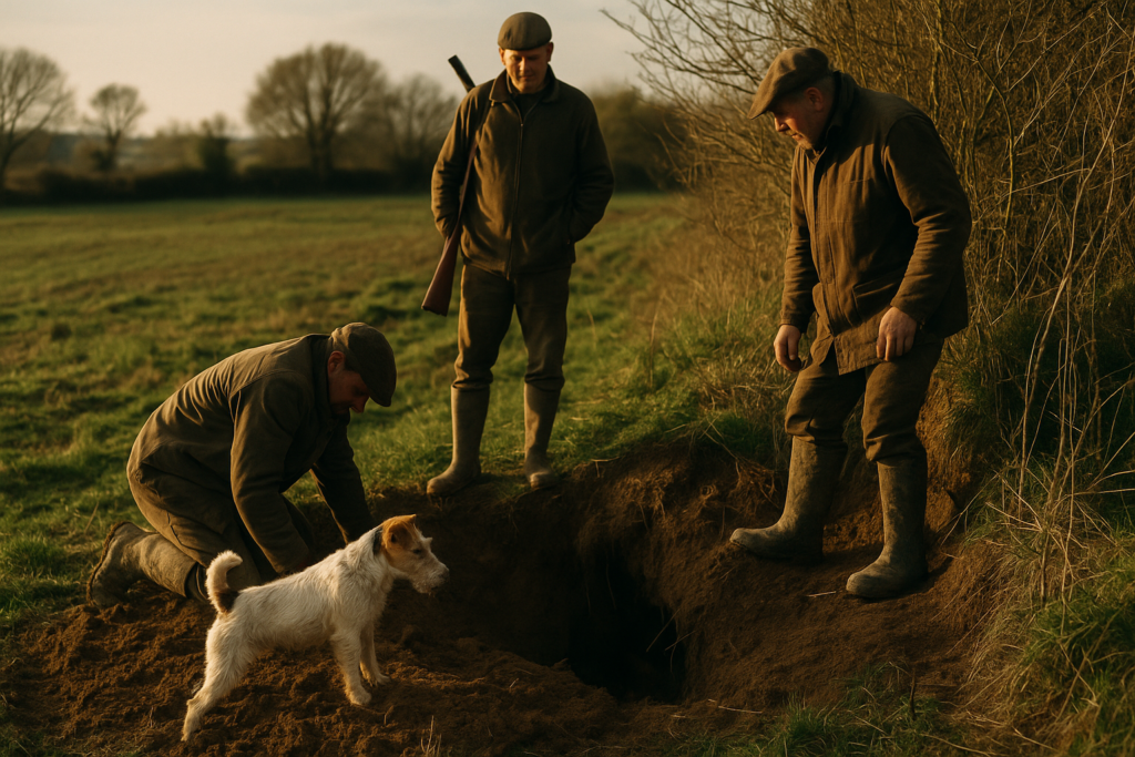 Terrier blanc et feu, talus, déterrage du renard — chasse de un Fox terrier