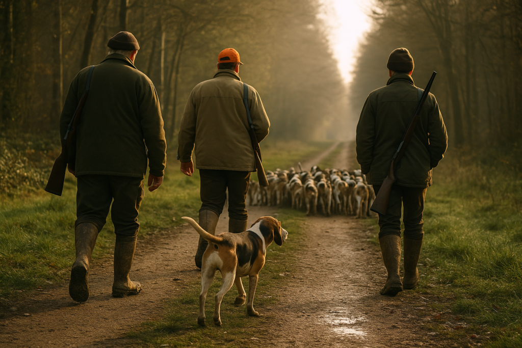 Chien courant de vénerie, meute, allée forestière — chasse de un Français tricolore
