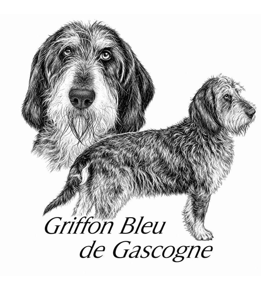 Le dessin du griffon bleu de Gascogne : portrait de face a poil dur et sujet de profil, avec le nom de la race calligraphie