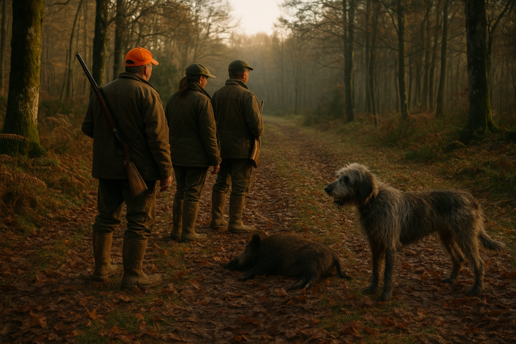 Griffon gris loup hirsute, sanglier en forêt du Morvan — chasse de un Griffon nivernais