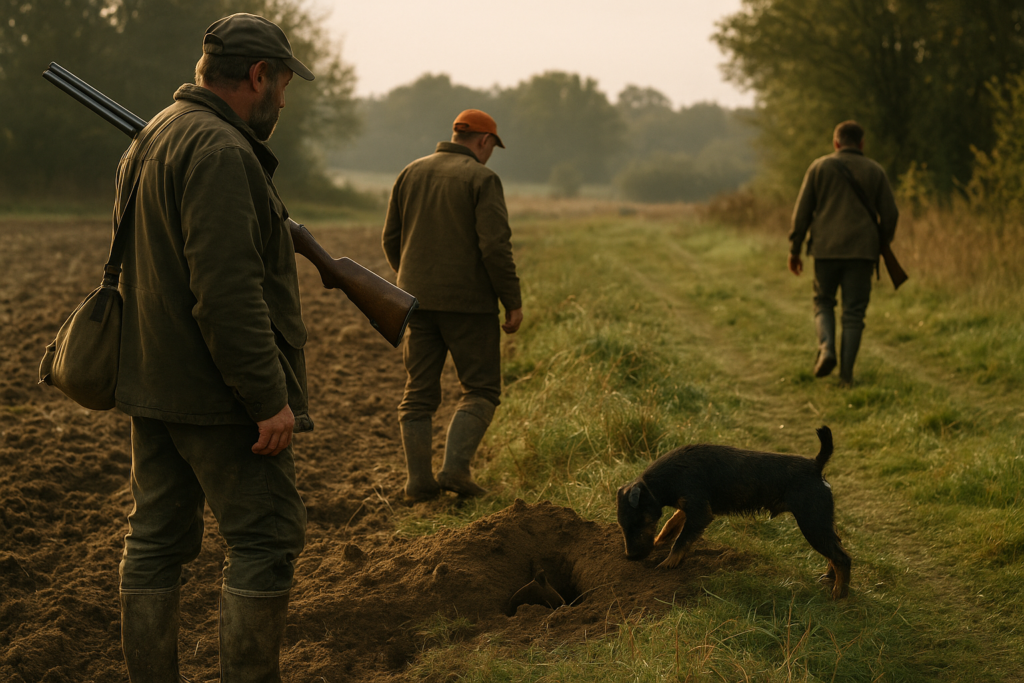 Terrier allemand noir et feu, sanglier et renard sous terre — chasse de un Jagd terrier