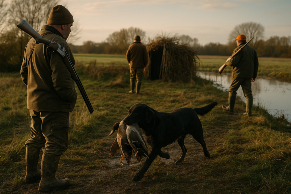 Retriever puissant, hutte et plan d'eau, rapport de canards — chasse de un Labrador