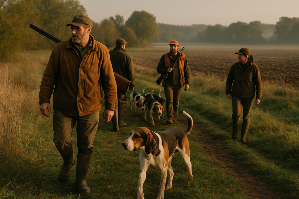 Grand chien courant tricolore, meute, loup et grand gibier — chasse de un Poitevin