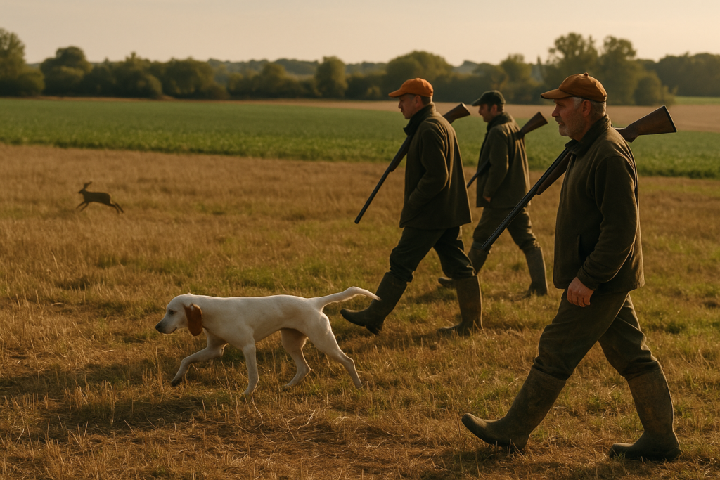 Chien courant blanc aux oreilles orangées, lièvre en plaine — chasse de un Porcelaine