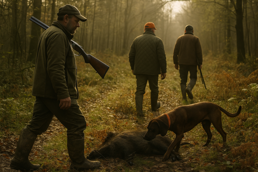 Chien de sang, recherche au sang en forêt, grand gibier blessé — chasse de un Rouge de Hanovre