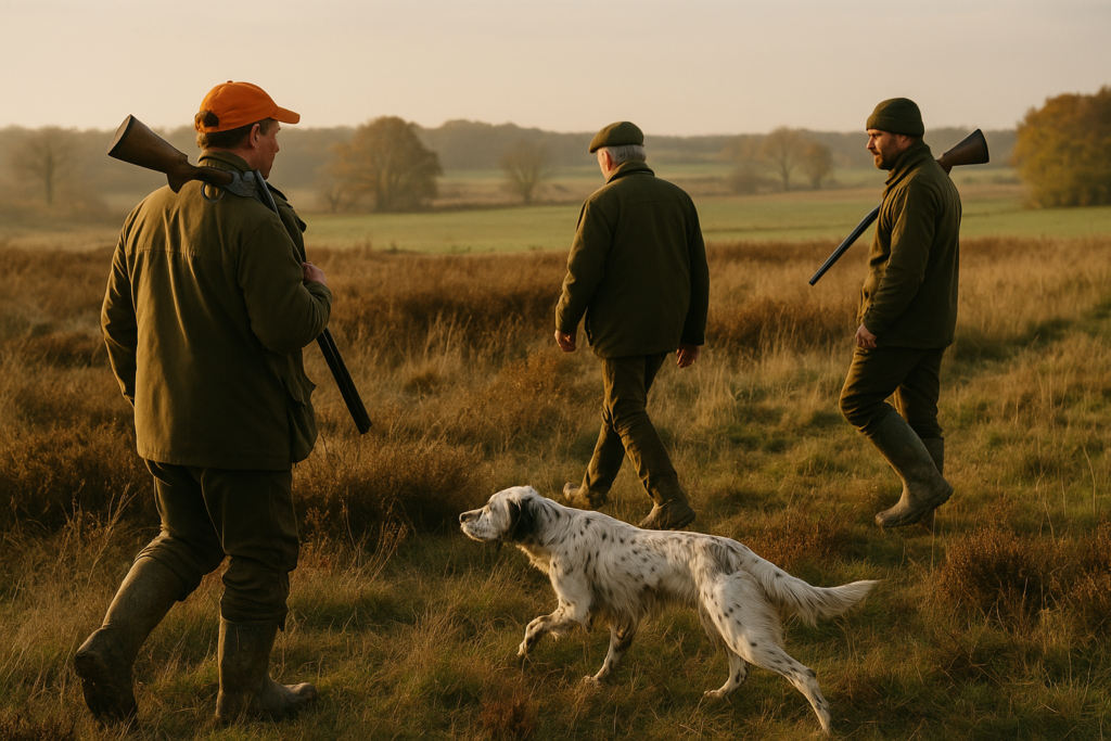 Setter blanc moucheté, lande et plaine, quête élégante — chasse de un Setter anglais