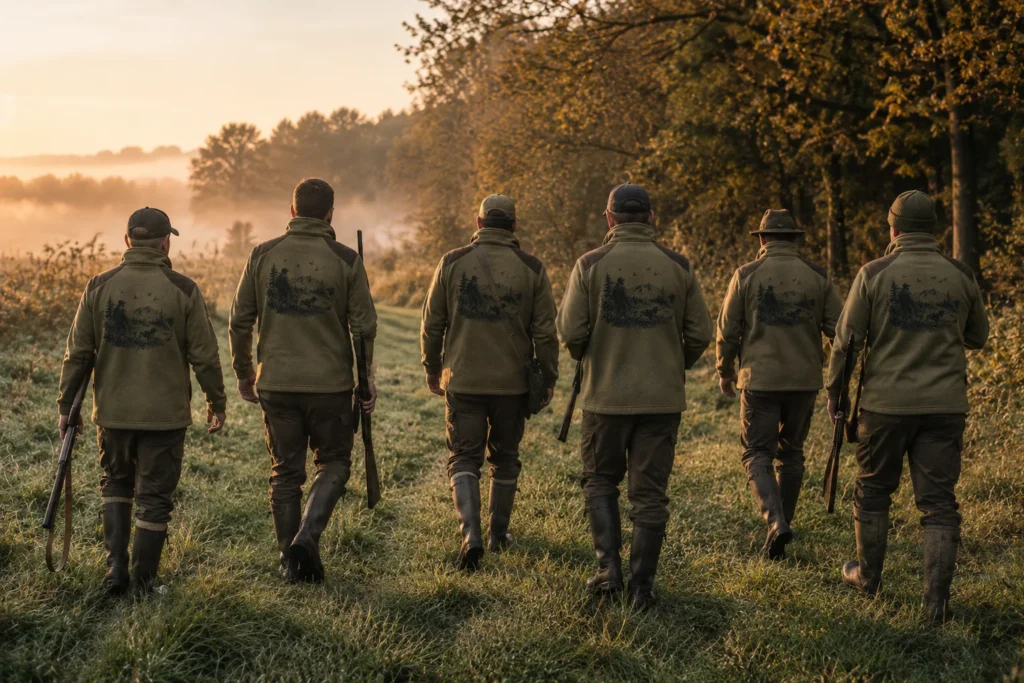 Six chasseurs en tenue identique, de dos, marchant vers un bois au petit matin