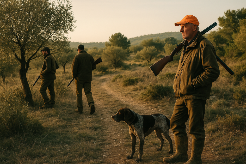 Poste au petit matin, oliviers et garrigue du Midi — chasse de la grive