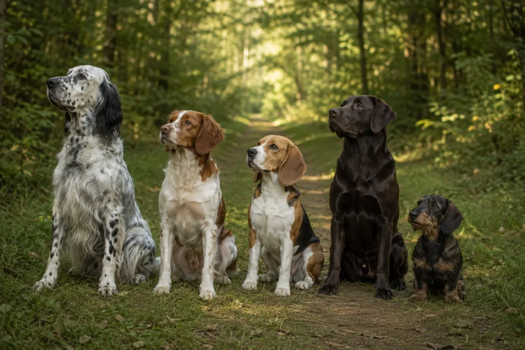 Cinq chiens de chasse de races différentes assis en ligne dans une allée forestière