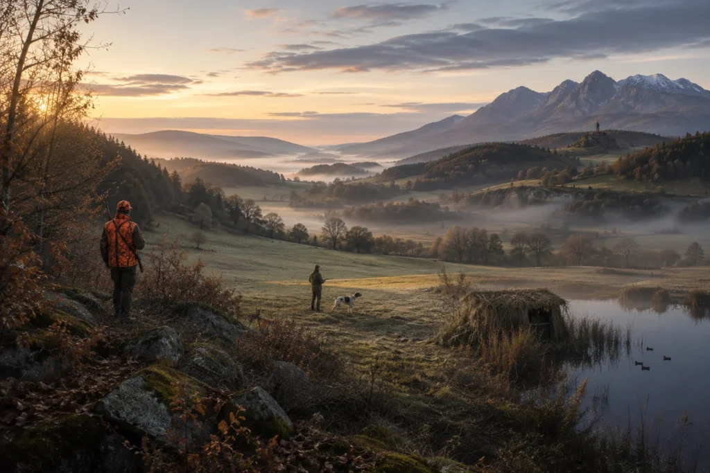 Un paysage vallonné où se devinent plusieurs façons de chasser, à l’aube
