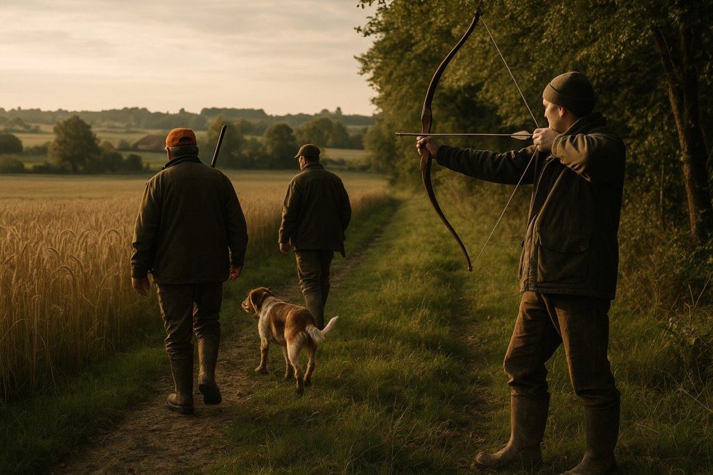 Archer immobile en lisière, arc bandé, approche silencieuse — la chasse à l'arc