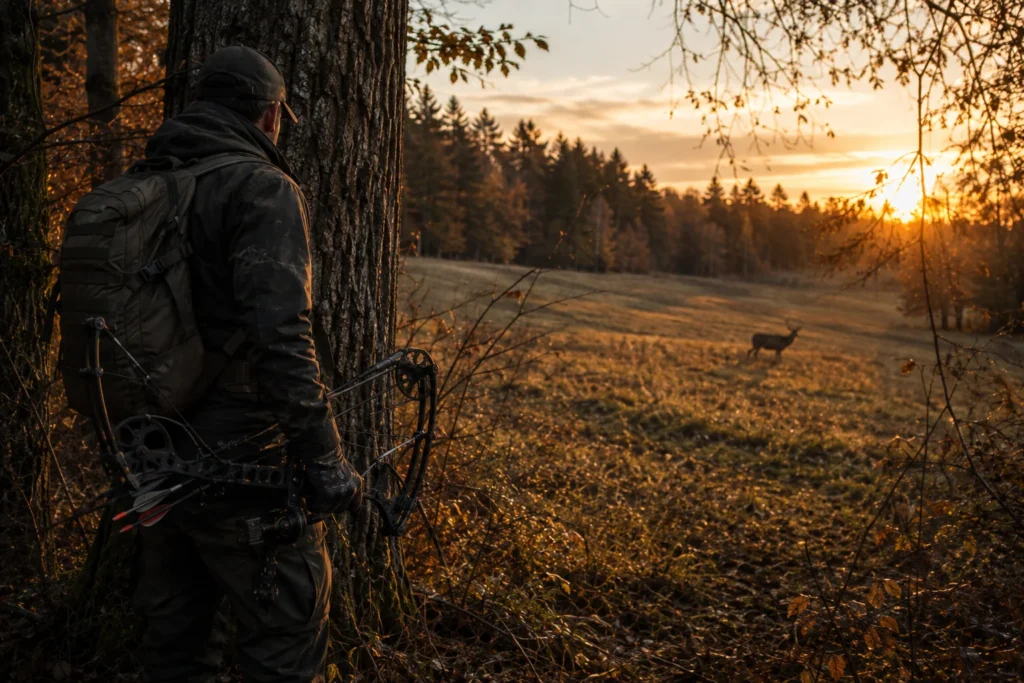 Un archer de dos, arc bandé, immobile derrière un tronc en lisière de bois