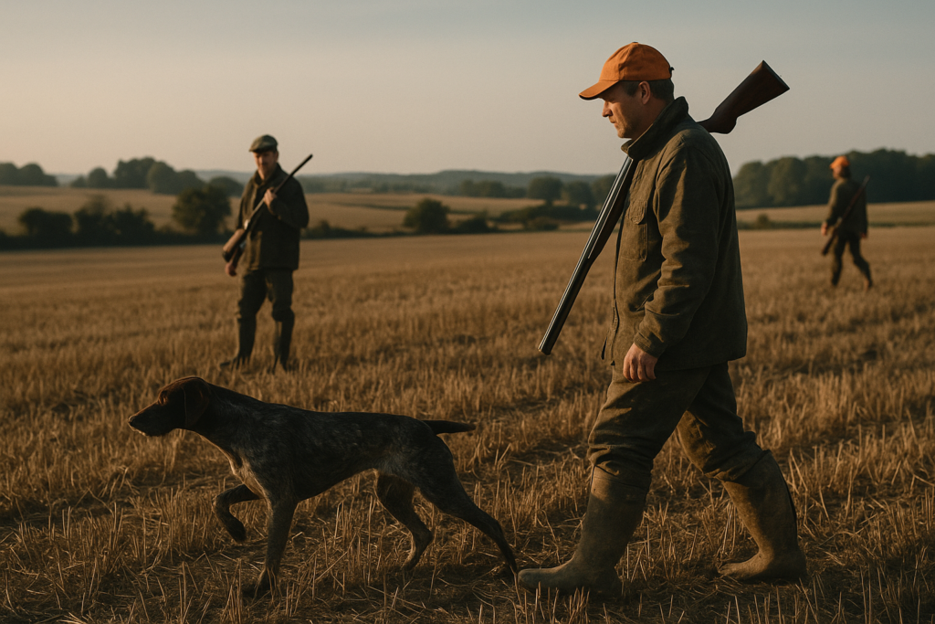 Plaine de chaume, chien à l'arrêt devant le chasseur — la chasse au chien d'arrêt