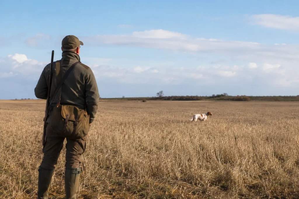 Un chasseur de dos en plaine de chaume, son épagneul breton à l’arrêt devant lui